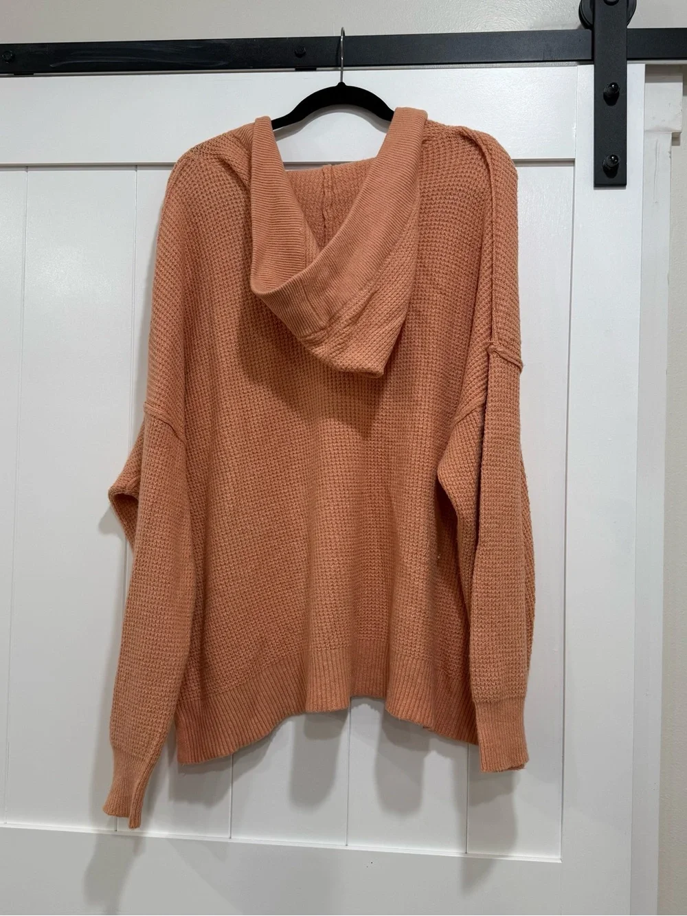 aerie Oversized V-Neck Waffle Knit Sweater with Hood- Dusty Peach